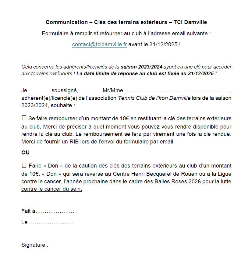 Lire la suite à propos de l’article Formulaire Don/Remboursement – Clés des terrains extérieurs – Saison 2023/2024 – A remplir avant le 31/12/2025 !